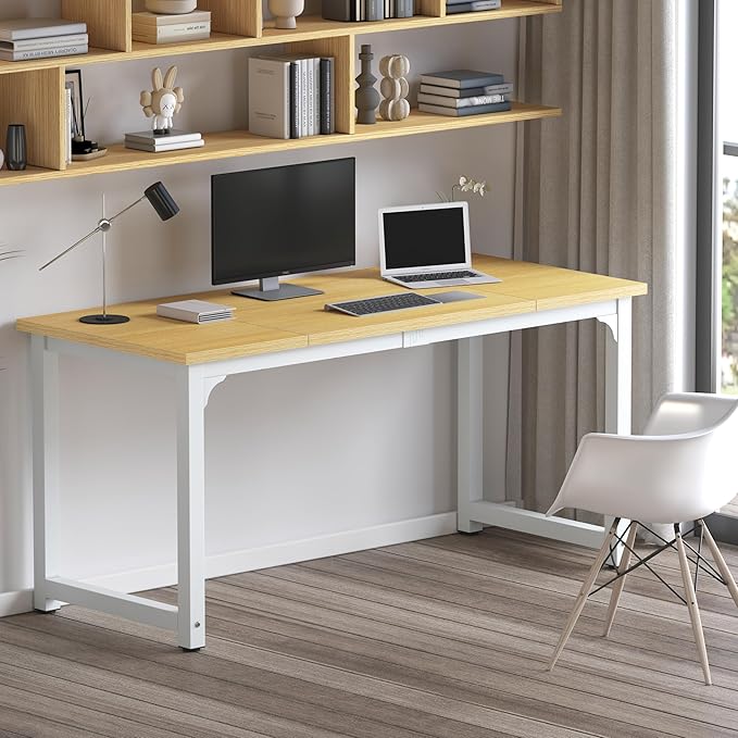 NSdirect 63" Computer Desk,Large Home Office Desk Wide Workstation 1 inch Thicker Tabletop for Writing,Games and Home Work PC Desk Modern Finish Wood Board and Sturdy Steel Legs,Oak+White