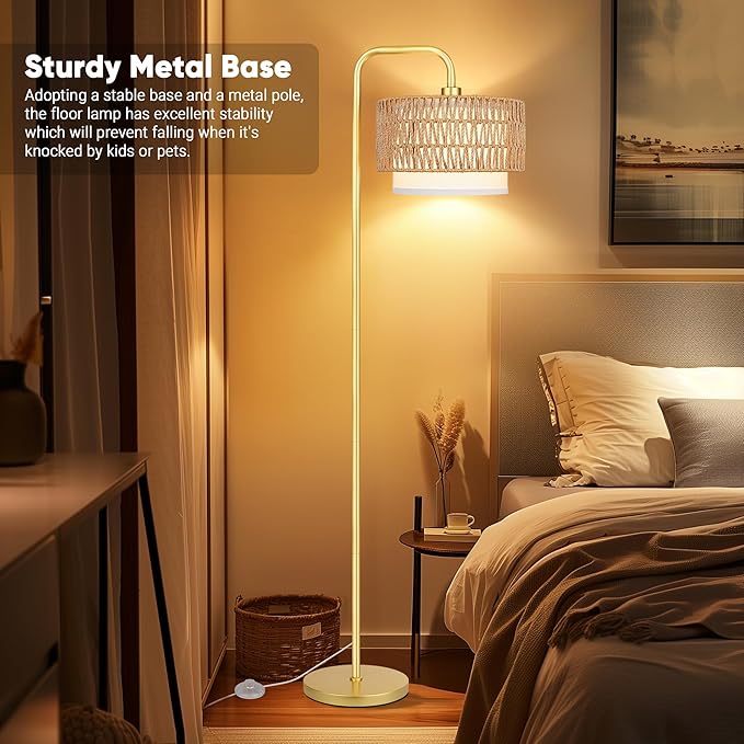 PARTPHONER Gold Floor Lamp for Living Room, Farmhouse Tall Lamp with 3 Color Temperatures Remote & Dimmable Bulb, Boho Lamp Rattan and Fabric Shades Bedroom Study Room Office Hotel