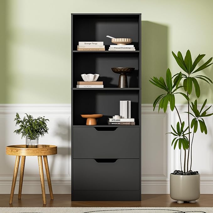Bookcase with 2 Drawers, 63" 3-Tier Bookshelf with Storage, 3 Shelf Book Shelf with Adjustable Shelf, Modern Bookshelf, Open Shelves Bookcase for Study, Bedroom & Home Office, Black