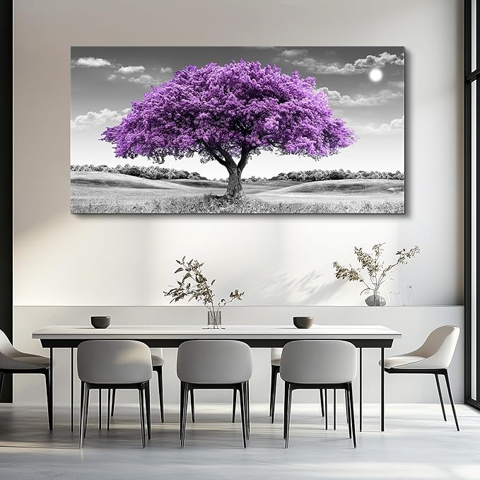 Canvas Wall Art for Living Room Large Wall Decor for Bedroom Modern Office Wall Decorations Purple Tree Landscape Painting Black and White Pictures Artwork Room Aesthetic Home Decor