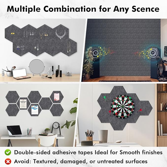 8-Pack Hexagon Felt Cork Board with 80 Push Pins, 1/2" Thick Felt Bulletin Pinboard with Adhesive Tabs, Geometric DIY Cork Board Wall Tiles for Home Office Classroom (Dark Grey)