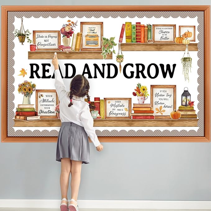 Qilery Bookshelf Bulletin Board Set Read and Grow Motivational Classroom Decor Reading Library Bulletin Board Set Inspirational Cutout for Back to School Classroom Decoration