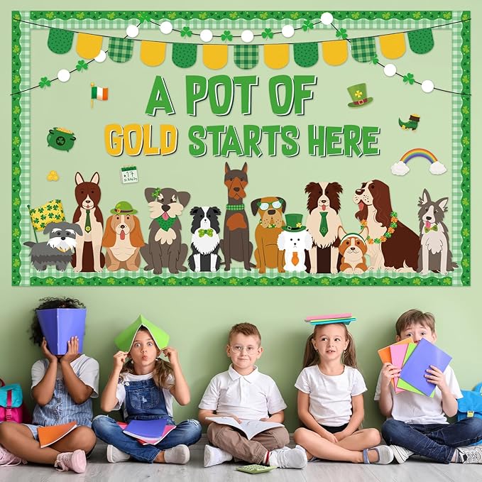 St.Patrick's Day Pet Dog Bulletin Board Set Puppy Classroom Decoration Lucky Shamrock Clover Gold Coin Cute Dog Bulletin Board St. Patricks Cutouts for Irish Home Classroom Chalkboard Wall Decor