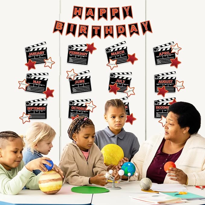 JarThenaAMCS 85Pcs Happy Birthday Bulletin Board Set Movie Night Calendar Poster Movie Stars Classroom Birthday Chart for Back to School Decorations