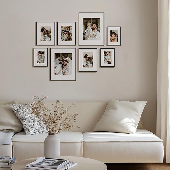 eletecpro Aluminum Gallery Wall Frame Set of 8, Including 2Pcs 11x14, 3Pcs 8x10, 3Pcs 6x8 Photo Frames for Wall or Tabletop Display, Multiple Sizes Picture Frames Collage Wall Decor, Black