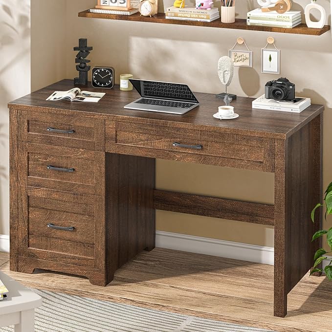 Farmhouse 47" Executive Desk with File Drawer, Wood Computer Desk with 3 Storage Drawers, Workstation for Home Office, Study, Writing.Red Brown