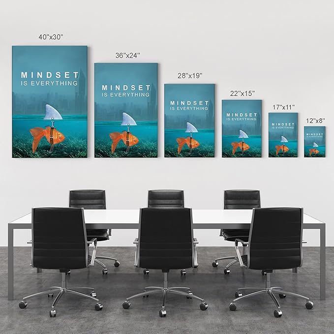 Smile Art Design Mindset is Everything Wall Art Canvas Print Goldfish Shark Entrepreneur Inspirational Motivational Quote Living Room Home Bedroom Office Decor Ready to Hang 36x24