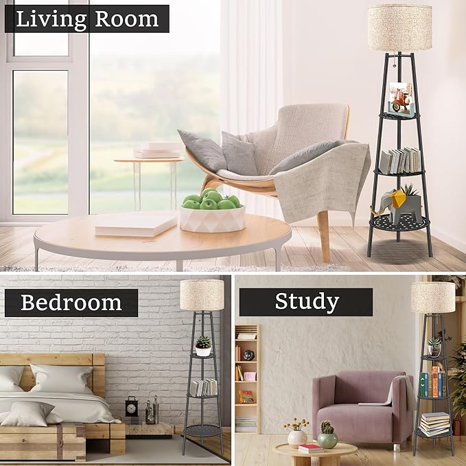 Floor Lamp with Shelves, Modern Standing Lamp with 3 Color Temperature LED Bulbs, Corner Floor Lamps for Living Room & Bedroom, Lamparas Elegantes para Sala (Beige Lampshade, 1)