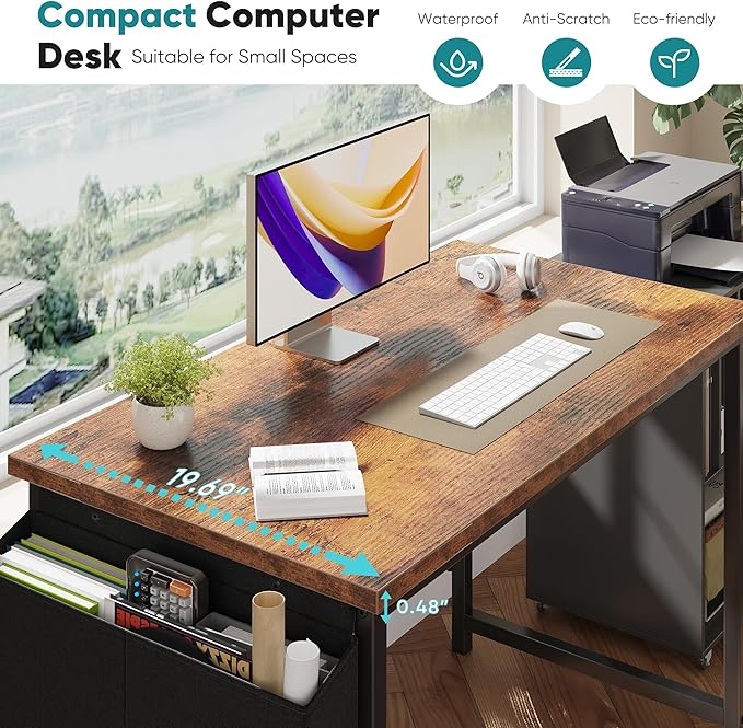 OLIXIS Computer Desk 44 Inch Home Office Desks for Small Spaces, Gaming Writing Study Work Table with Storage Bag and Headphone Hook for Bedroom, Rustic Brown