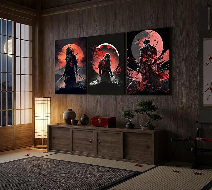 3pcs Japan Samurai Canvas Wall Art Japanese Style Full Moon Ninja Wall Decor Pictures Japanese Bushido Posters Prints Paintings for Living Room Bedroom Home Artwork Decoration Ready To Hang