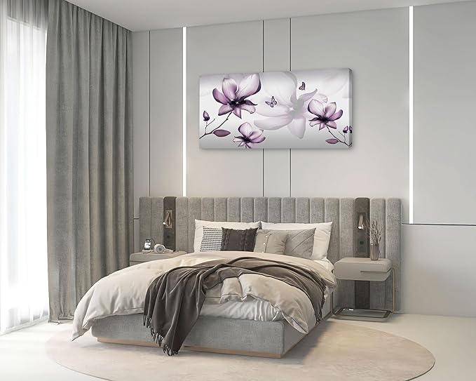 Muolunna BK06598 Purple Magnolia with Butterfly Flower Canvas Wall Art Picture 1 Panel 3D Wallpaper Modern Art Prints Painting for Bedroom Modern Office Wall Decor Artwork