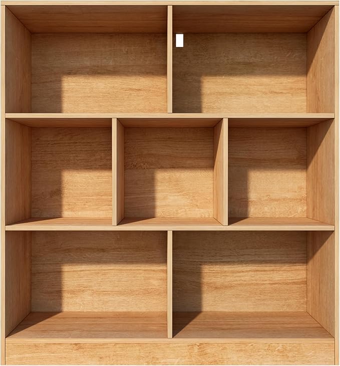 7-Cube Wooden Bookshelf with Base,3-Tier Freestanding Open Storage Organizer,Multi-Functional Bookcase for Living Room,Bedroom,Study and Office (Oak, 7-Cube)