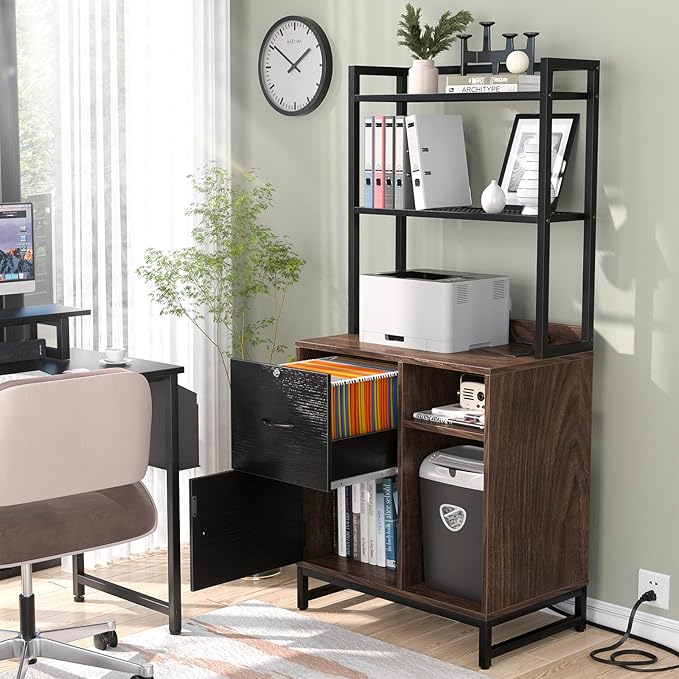 Homieasy Vertical Filing Cabinet with Lock & Charging Station, Large Drawer Wood File Cabinet with Bookshelf, Printer Stand with Open Storage Shelf, fits Letter Size for Home Office, Black and Brown