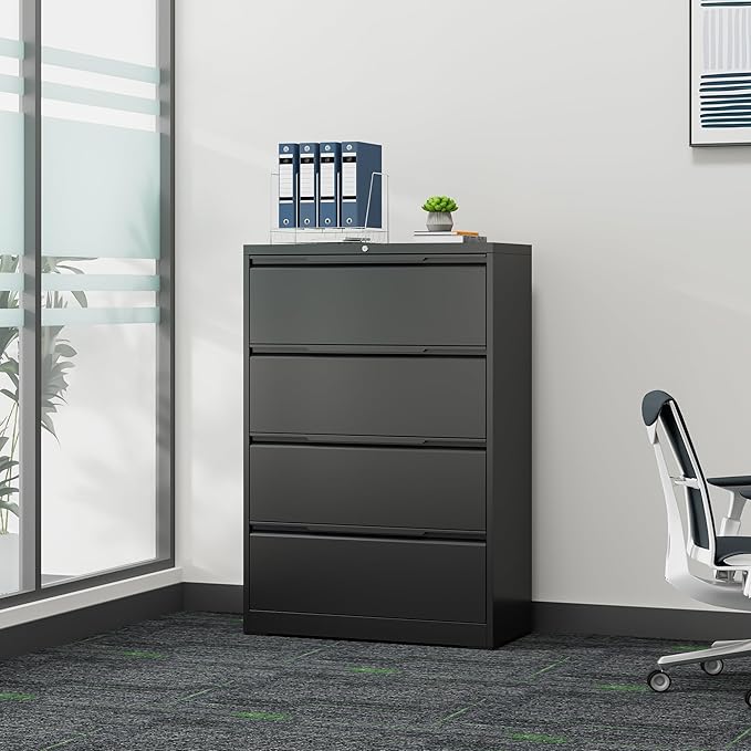 Coolsun Metal File Cabinet with Lock, 4 Drawer File Cabinet for Home Office, Lockable Lateral Filing Cabinet for A4/F4/Lagel/Letter Assembly Required (Black, 4 Drawer Lateral)