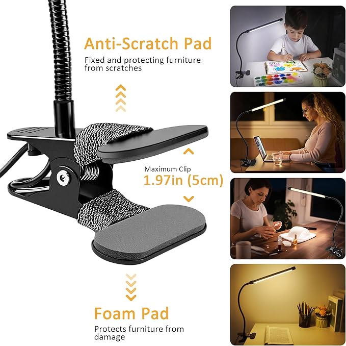 LED Clip on Light 8W Reading Lights for Books in Bed, Adjustable 3 Modes 10 Brightness Dimmable Clamp Lamp, Flexible Book Light Clip on for Bed Workbench Drafting, 580LM, USB Adapter Included