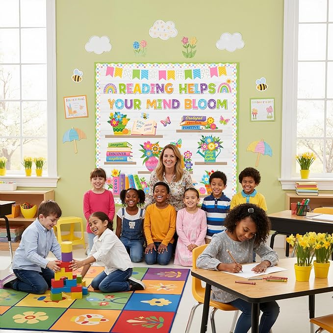 Pasimy Spring Reading Bulletin Board Set, Flower Plant Bookshelf Classroom Decorations Read Themed Paper Cutouts Words of Wisdom Bulletin Board Decor for Elementary School Library Chalkboard Wall