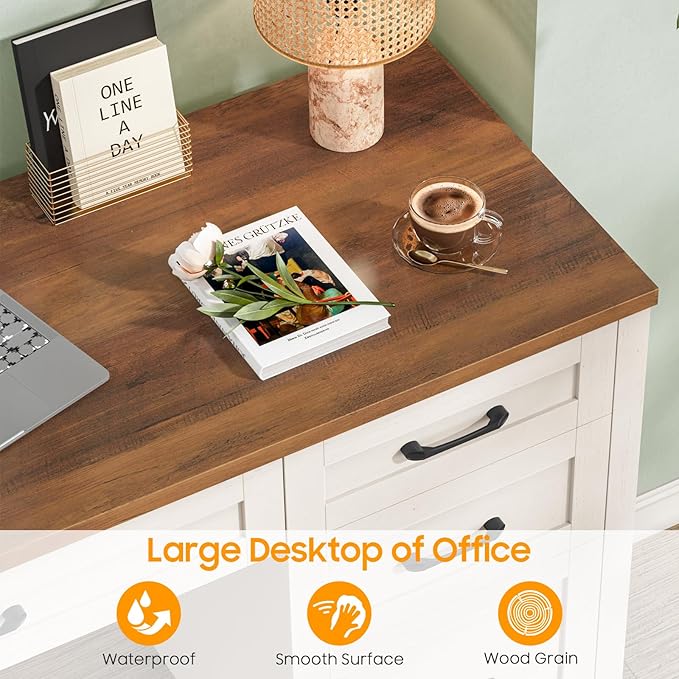 Vabches Farmhouse 47" Executive Desk with 4 Drawers, Computer Desk with File Drawer and Charging Station, Workstation for Home Office, Study.(Unique White)