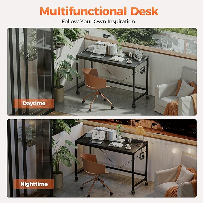 Mericonia 40 inch Rolling Computer Desk with Wheels, Gaming Desk for Small Spaces, Modern Simple Style Table for Home Office, Study Writing Table
