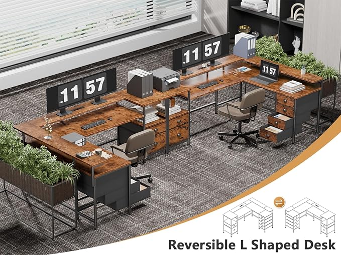 Furologee 66" Reversible L Shaped Gaming Desk with 6 Drawers & Printer Storage Shelves, Corner Computer Desk with Power Outlets & LED Lights, Home Office Table with Monitor Stand, Rustic Brown