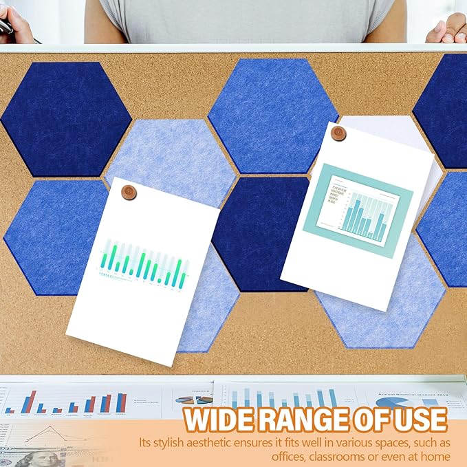 16 Pcs Hexagon Cork Board for Walls with 50 Wooden Push Pins 6.7 x 5.9 in Felt DIY Tiles Notice with Nano Tape Hanging Bulletin Board for Home Photo Office Memo Note (Blue)