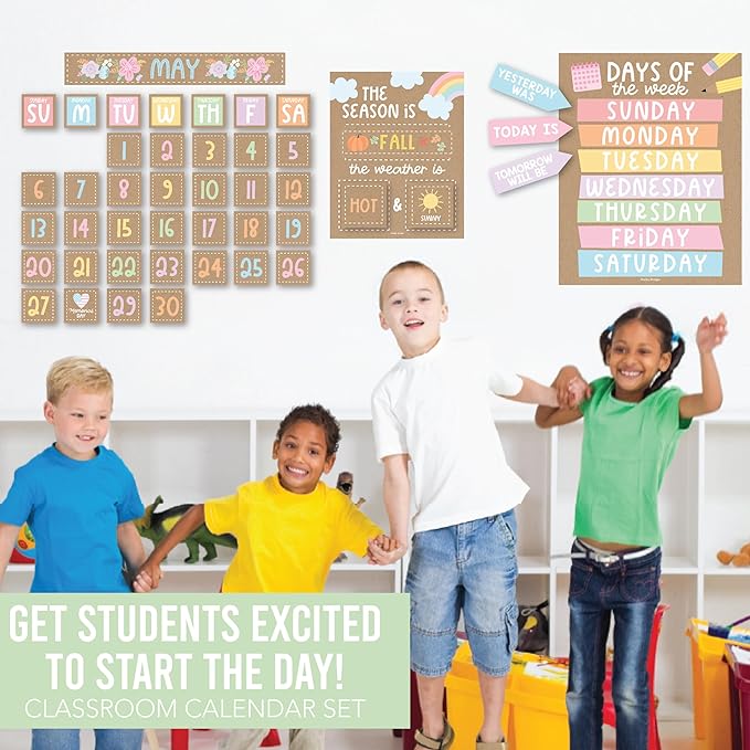 Hadley Designs Classroom Calendar Set Bulletin Board Decorations - Kraft School Calendar for Classroom Decor, Kindergarten Preschool Elementary Teacher Must Haves, Homeschool & Daycare Essentials