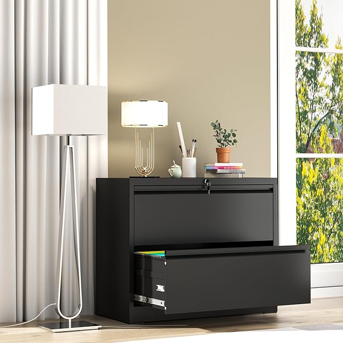 File Cabinet with Lock, 2 Drawer Lateral Filing Cabinet for Home Office, Metal Heavy Duty File Cabinets for Hanging Letter/Legal/F4/A4 Size Files, Assembly Required (Black)