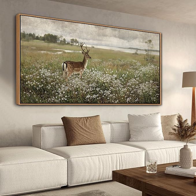 Vintage Wall Art for Living Room Farmhouse Wall Art, Country Wall Decor, Deer Art - Rustic Nature Canvas, Large Landscape Pictures for Bedroom Framed Artwork for Walls 29×58IN
