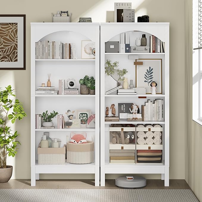 56" H Tall Bookshelf and Bookcase, Arched Book Shelf with 4-Tier Open Shelves, Wooden Storage Bookcase Freestanding Display Bookshelves for Bedroom, Living Room, White