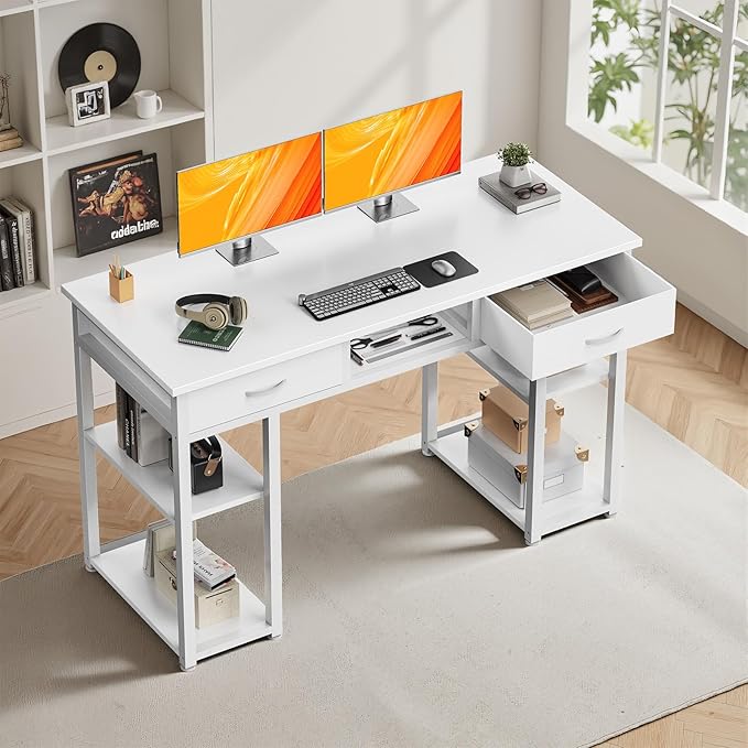 DUMOS 48" Small Computer Home Office Desk for Bedroom with Drawers, Gaming Writing Study Table with Storage Shelf, Adjustable Feet, Metal Frame Natural White