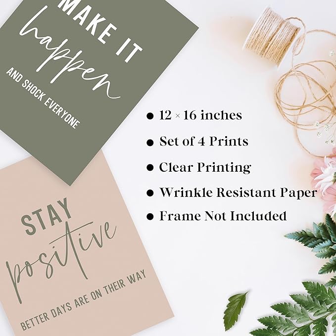 QLMX Office Inspirational Wall Art Prints Set of 4, Boho Motivational Make It Happen Stay Postive Prints Wall Decor for Office, Positive Quotes Poster for Home 12”x16” Unframed