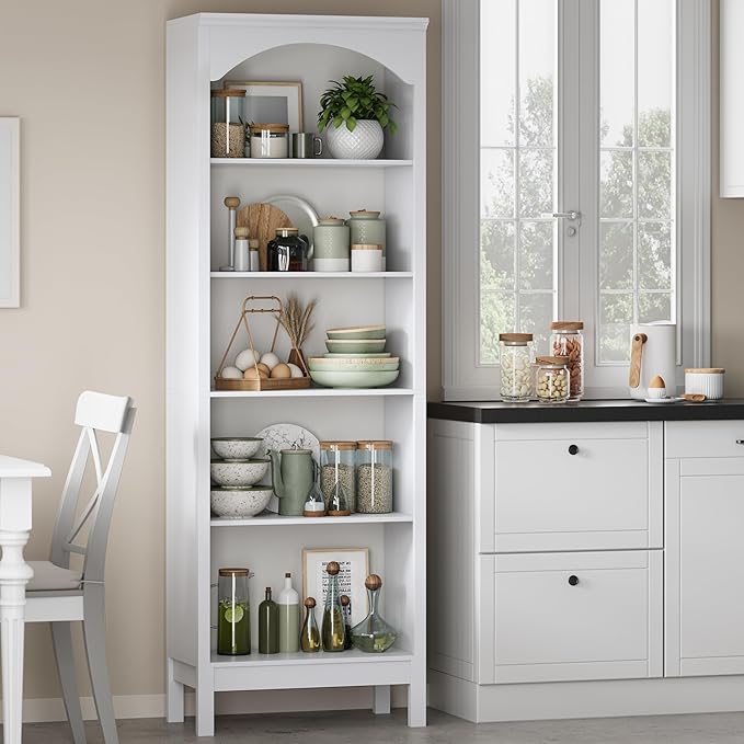 Arched Set of 2 Bookshelf with 5 Tier Open Shelves, 71" Tall Wood Bookcase with Adjustable Shelves, 24" Wide Floor Standing Display Storage Shelf for Home Office, Kitchen,Living Room, Modern White