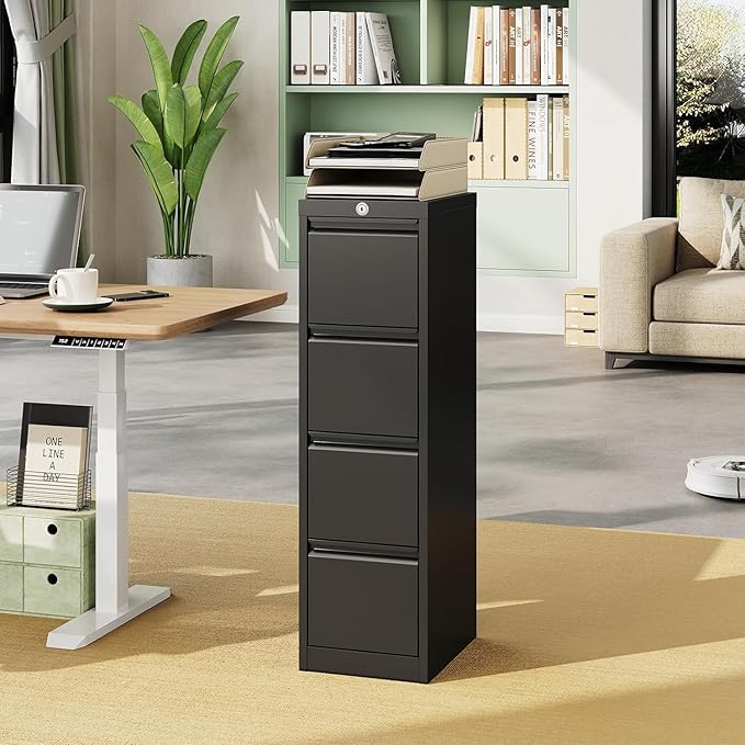 4 Drawer File Cabinet with Lock,Heavy Duty File Storage Cabine,Metal Vertical File Cabinet Office Home Vertical File Cabinet for A4 Legal/Letter Size Narrow File Cabinet Locked