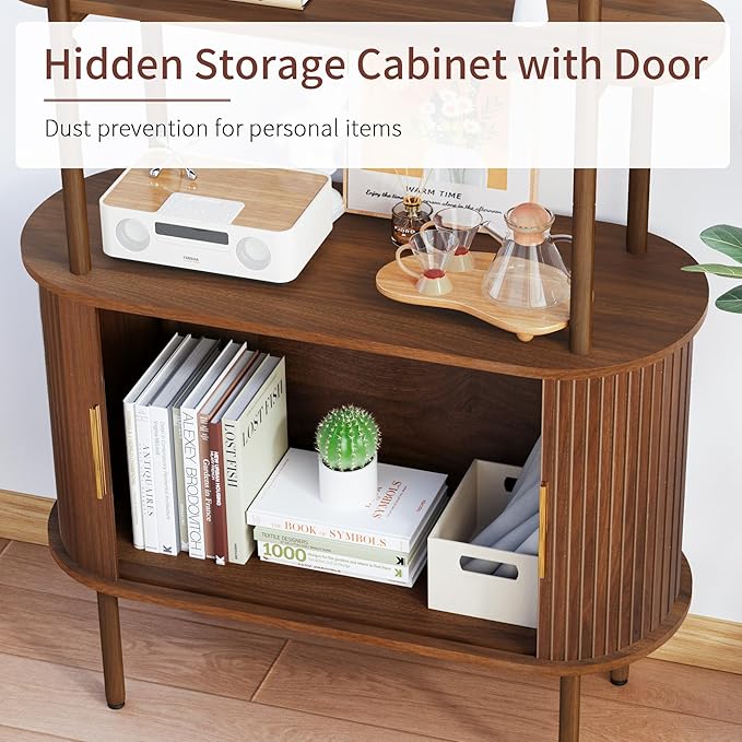 Turtle&Myrtle Tall Arched Bookshelf, Mid Century Modern Fluted Bookcase Cabinet with Sliding Doors, Curved Metal Frame Bookcase, Industrial Storage Display Shelving for Living Room, Bedroom (Walnut)