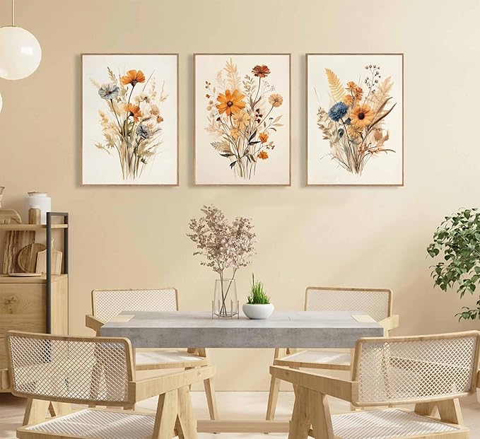 3Pcs Vintage Wildflower Canvas Wall art Country Farmhouse Watercolor Flower Botanical Painting Pictures Wall Decor Floral Poster Print Artwork for Bedroom Living Room Girls Room Decoration Unframed