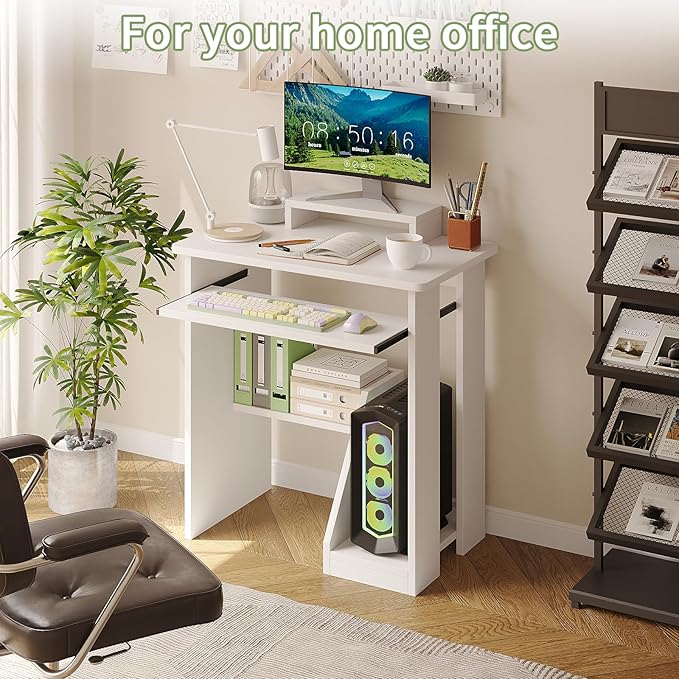 ALISENED 30" Small Computer Desk with Keyboard Tray Monitor Stand, Study Writing Desk with Storage Shelves, Modern Workstation for Small Spaces, Save Space, White