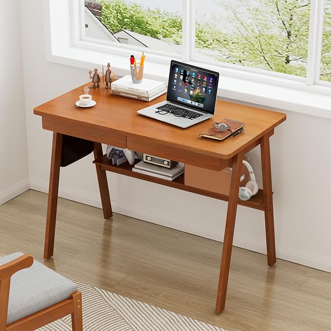 Solid Wood Desk with Drawers - 39.4 Inch Mid Century Modern Desks with Storage Shelf, Small Writing Desk for Small Spaces, Home Office Desks for Bedroom & Home, Walnut Color