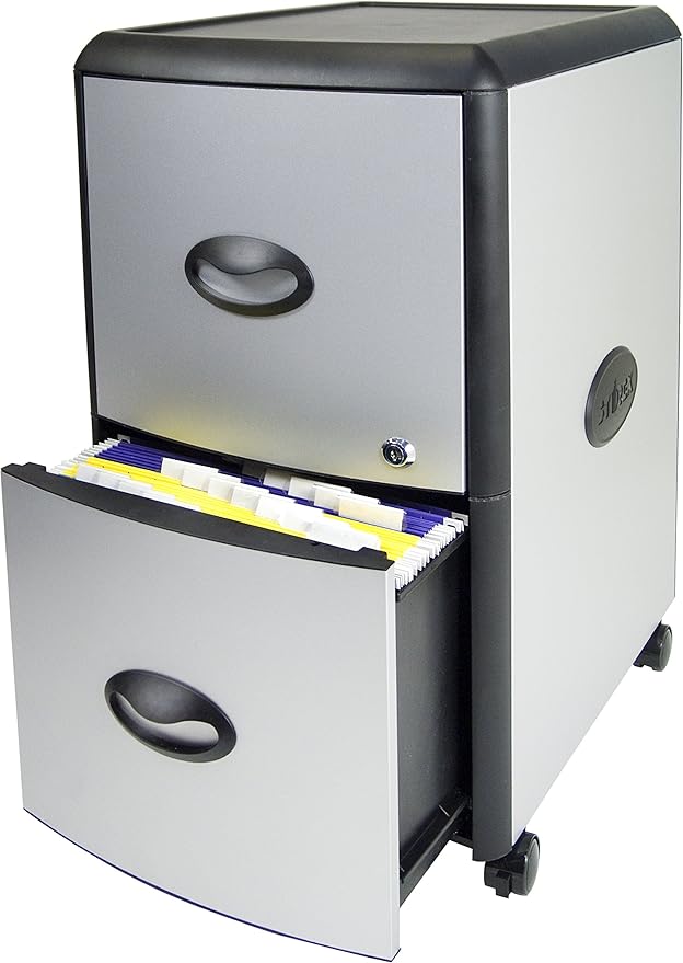 Storex Plastic 2-Drawer Mobile File Cabinet with Metal Accents, Flat Top, 19 x 15 x 23 Inches, Black/Gray (61351C01C)