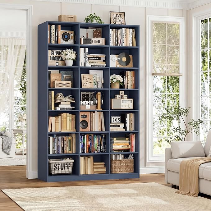HOSTACK 86" H Triple Wide Bookshelf and Bookcase, 7 Tier Tall Bookshelf with Storage, Large Bookcase with 21 Open Display Storage Shelves, Wood Book Shelf Media CD DVD Storage for Living Room, Blue