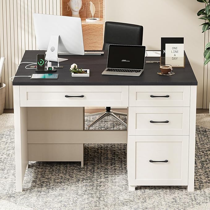 Vabches Farmhouse 47" Executive Desk, Computer Desk with File Drawer and Charging Station, Workstation for Home Office, Study,(Black).