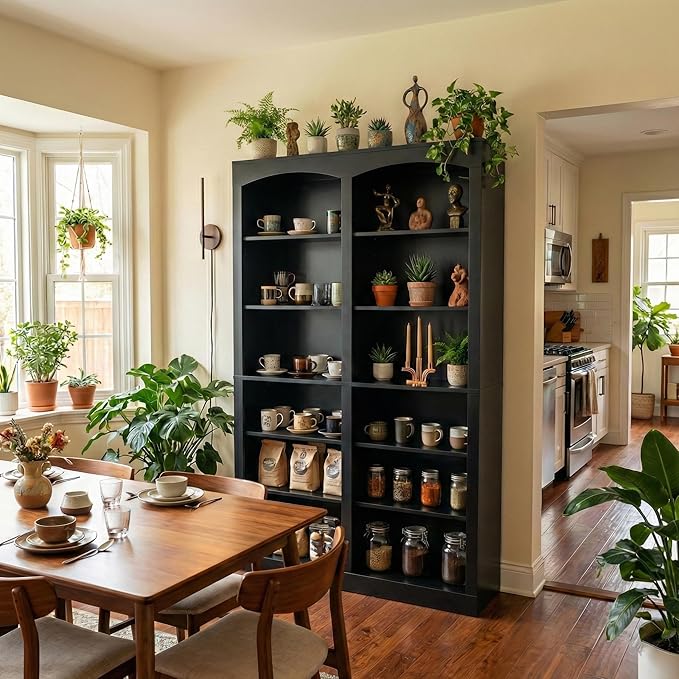 71" Tall Bookcase, Double Wide Black Bookshelf with Arched Design, 12-Tier Open Wood Display Shelf Storage Organizer for Living Room, Home Office (41.6" W x 70.8" H)