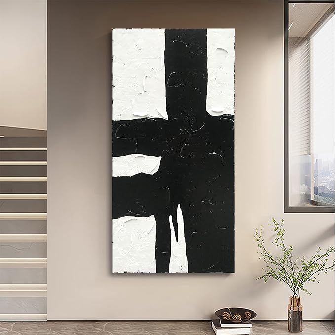 NANKAI Art Minimalist black and white oil painting is suitable for large abstract wall decorations in modern living rooms. 48x24 inches. Modern oil painting art
