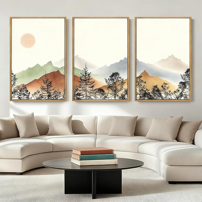 BINCUE Large Boho Mountain Wall Art Framed,Beige Landcape Canvas Wall Decor,Watercolor Landscape Art Print Mountain,Abstract Forest Nature Painting for Home Living Room Bedroom Office 36x24 Inches