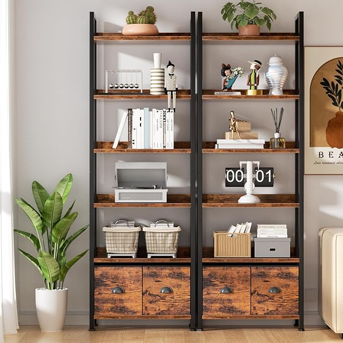 Furologee 6-Tier Bookshelf Set of 2,Tall Bookcase with 2 Drawers and Shelves, Industrial Display Free Standing Shelf Units, Storage Rack Organizer for Bedroom, Living Room, Home Office, Rustic Brown