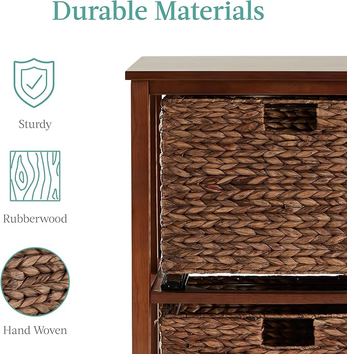 Best Choice Products Vertical Rolling File Cabinet, Multipurpose Portable Water Hyacinth Basket Organizer for Home Office, Workspace w/Rubberwood Frame, Metal Sliders, Locking Caster Wheels - Mocha