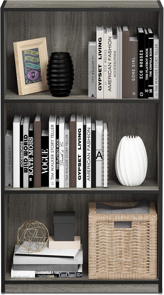 Furinno BASIC Book Shelf, 3-Tier Modern Bookshelf, Bookcase with Open Shelves, 9.3 x 21.8 x 39.5, for Living Room, Bedroom, Home Office, French Oak/Black