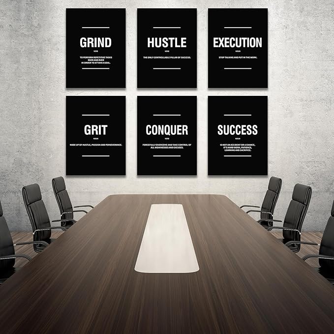 COSCTOR Set of 6 Motivational Wall Art Picture Decor Grind Hustle Execution Grit Conquer Success Canvas Framed for Office Bedroom Inspirational Workplace Posters Black and White Paintings Ready to Hang(Framed,12x16)