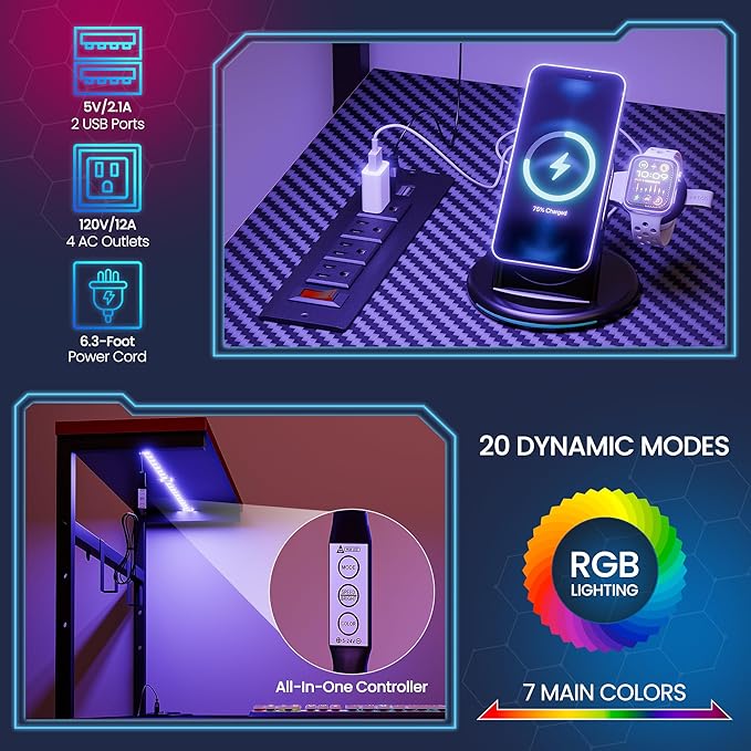 SUPER DEAL 44 Inch PC Gaming Desk with Power Outlet & LED Lights, Height Adjustable Shelf, Durable Steel Frame, Small Desk for Teen Boys & Kids Gaming in Bedroom