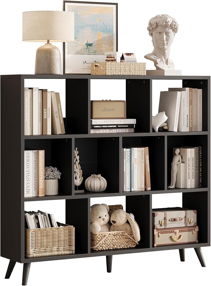 10 Cube Bookshelf, 3 Tier Wooden Book Shelf, Modern Black Short Bookcase with Solid Wood Legs, Small Book Cases Vintage Wide Storage Organizer with Open Shelf for Kids, Small Spaces, Bedroom, Office