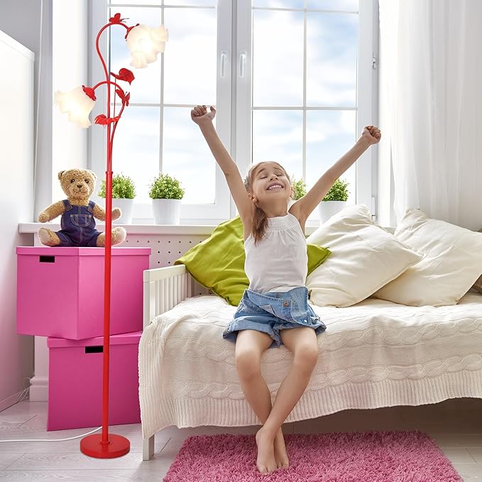 HMVPL Red Floor Lamp for Living Room, Flower Standing Lamp with 2 LED 5W Blubs, Foot Switch, Floral Tall Lamp with Acrylic Shade, Antique Lotus Flower Floor Lamp for Living Room Office Reading