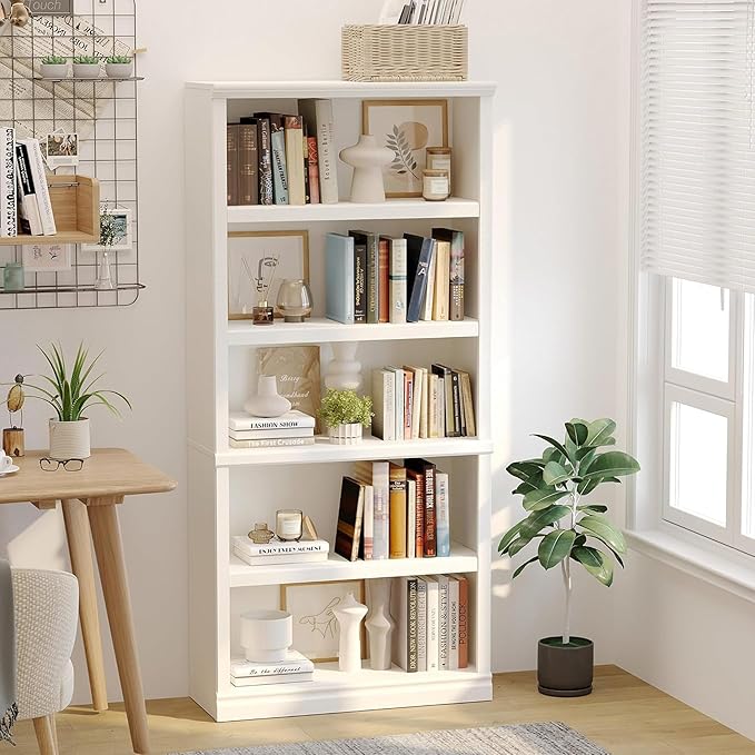 blini White Bookshelf and Bookcase Double Wide Large Bookshelves Wooden 5 Tier Tall Bookshelf with Storage Cabinets for Living Room, Home Office, Library (White, 5-Shelf)